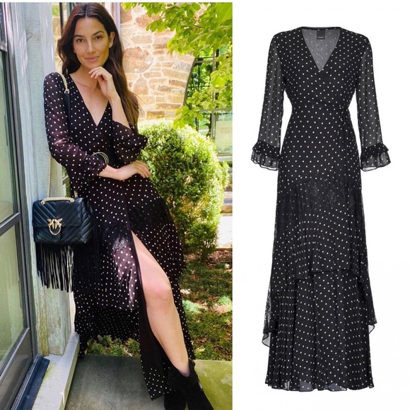 PINKO Georgette Polka Dot Wrap Long Maxi Dress Ruffled Lace Panel Black & White - Picture 3 of 16